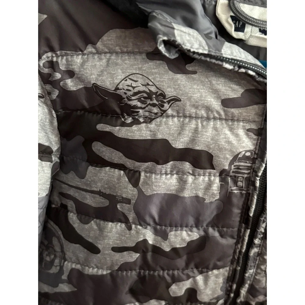 Gap Kids Star Wars Camo Puffer Jacket Grey Yoda R2-D2 Hooded Coat Small S